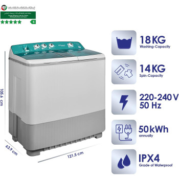 Super General 18 Kg Twin-Tub Semi-Automatic Washing Machine, Light Grey Green, Efficient Top-Load Washer With Lint Filter, Spin-Dry, SGW-1800, 105.6 X 63.9 X 121.5 Cm, 1 Year Warranty