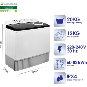 Super General 20 Kg Twin-Tub Semi-Automatic Washing Machine, White Black, Efficient Top-Load Washer With Lint Filter, Spin-Dry, SGW-2056, 102 X 62 X 105 Cm, 1 Year Warranty