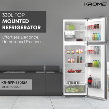 Krome 330L Double Door Top Mounted Refrigerator With Multi Air Flow System, No-Frost Cooling With Electronic Touch Temperature Control, Door Alarm, Big Twist Ice Maker, Silver - Kr-Rff 330Sm, 1 Year Warranty