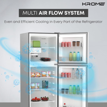 Krome 330L Double Door Top Mounted Refrigerator With Multi Air Flow System, No-Frost Cooling With Electronic Touch Temperature Control, Door Alarm, Big Twist Ice Maker, Silver - Kr-Rff 330Sm, 1 Year Warranty