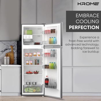 Krome 330L Double Door Top Mounted Refrigerator With Multi Air Flow System, No-Frost Cooling With Electronic Touch Temperature Control, Door Alarm, Big Twist Ice Maker, Silver - Kr-Rff 330Sm, 1 Year Warranty