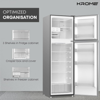 Krome 330L Double Door Top Mounted Refrigerator With Multi Air Flow System, No-Frost Cooling With Electronic Touch Temperature Control, Door Alarm, Big Twist Ice Maker, Silver - Kr-Rff 330Sm, 1 Year Warranty