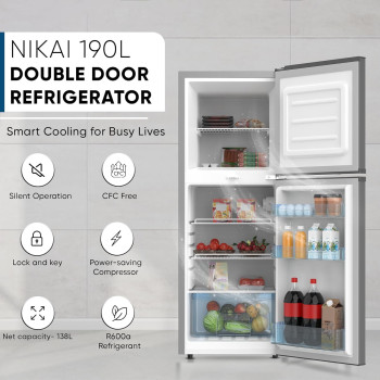 Nikai 190L, Net 138L Double Door Refrigerator With Vegetable Crisper And Adjustable Glass Shelves, Convenient Defrosting And Temperature Control, Ideal For Kitchen, Bedroom, Office And Hotels - NRF190DN4S (Silver), 1 Year Warranty