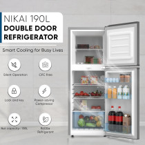 Nikai 190L Double Door Refrigerator With Vegetable Crisper And Adjustable Glass Shelves, Convenient Defrosting And Temperature Control, Ideal For Kitchen, Bedroom, Office And Hotels - NRF190DN4S (Silver), 1 Year Warranty