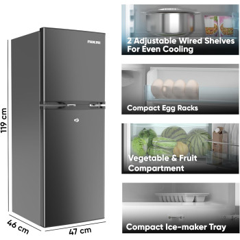 Nikai 190L, Net 138L Double Door Refrigerator With Vegetable Crisper And Adjustable Glass Shelves, Convenient Defrosting And Temperature Control, Ideal For Kitchen, Bedroom, Office And Hotels - NRF190DN4S (Silver), 1 Year Warranty