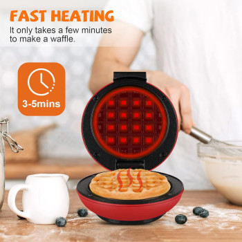 Crownful Mini Waffle Maker Machine, 4 Inch Chaffle Maker With Compact Design, Easy To Clean, Non-Stick Surface, Recipe Guide Included, Perfect For Breakfast, Dessert, Sandwich, Or Other Snacks, Red, 1 Year Warranty