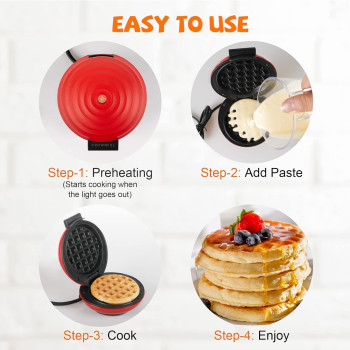 Crownful Mini Waffle Maker Machine, 4 Inch Chaffle Maker With Compact Design, Easy To Clean, Non-Stick Surface, Recipe Guide Included, Perfect For Breakfast, Dessert, Sandwich, Or Other Snacks, Red, 1 Year Warranty