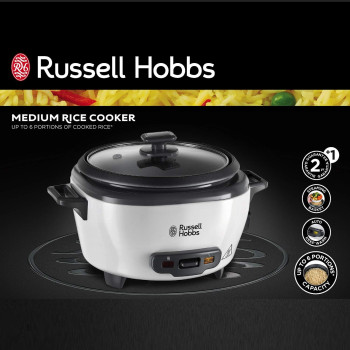 Russell Hobbs Medium Rice Cooker And Steamer, 2 Litres Capacity, Versatile Cooking For Spanish Paella, Quinoa, Keep Warm Function, Family-Sized, Non-Stick Bowl, Glass Lid, White - 27040GCC, 1 Year Warranty