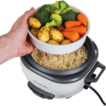Russell Hobbs Medium Rice Cooker And Steamer, 2 Litres Capacity, Versatile Cooking For Spanish Paella, Quinoa, Keep Warm Function, Family-Sized, Non-Stick Bowl, Glass Lid, White - 27040GCC, 1 Year Warranty