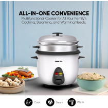 Nikai 400W 1L 2-In-1 Rice Cooker With Steamer, Non-Stick Convenience Pot And Keep Warm Function For Flawless Meals, Detachable Cord, Cook, Steam, And Keep Warm With Ease And Efficiency - Nr701A, 1 Year Warranty