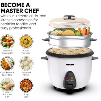 Nikai 400W 1L 2-In-1 Rice Cooker With Steamer, Non-Stick Convenience Pot And Keep Warm Function For Flawless Meals, Detachable Cord, Cook, Steam, And Keep Warm With Ease And Efficiency - Nr701A, 1 Year Warranty
