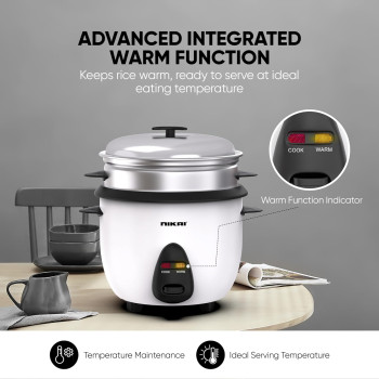 Nikai 400W 1L 2-In-1 Rice Cooker With Steamer, Non-Stick Convenience Pot And Keep Warm Function For Flawless Meals, Detachable Cord, Cook, Steam, And Keep Warm With Ease And Efficiency - Nr701A, 1 Year Warranty