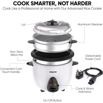 Nikai 400W 1L 2-In-1 Rice Cooker With Steamer, Non-Stick Convenience Pot And Keep Warm Function For Flawless Meals, Detachable Cord, Cook, Steam, And Keep Warm With Ease And Efficiency - Nr701A, 1 Year Warranty
