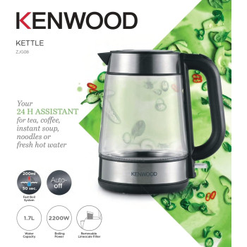 Kenwood Glass Kettle 1.7L Cordless Electric Kettle 2200W With Auto Shut-Off And Removable Mesh Filter ZJG08.000CL, Clear/Silver/Black, 1 Year Warranty