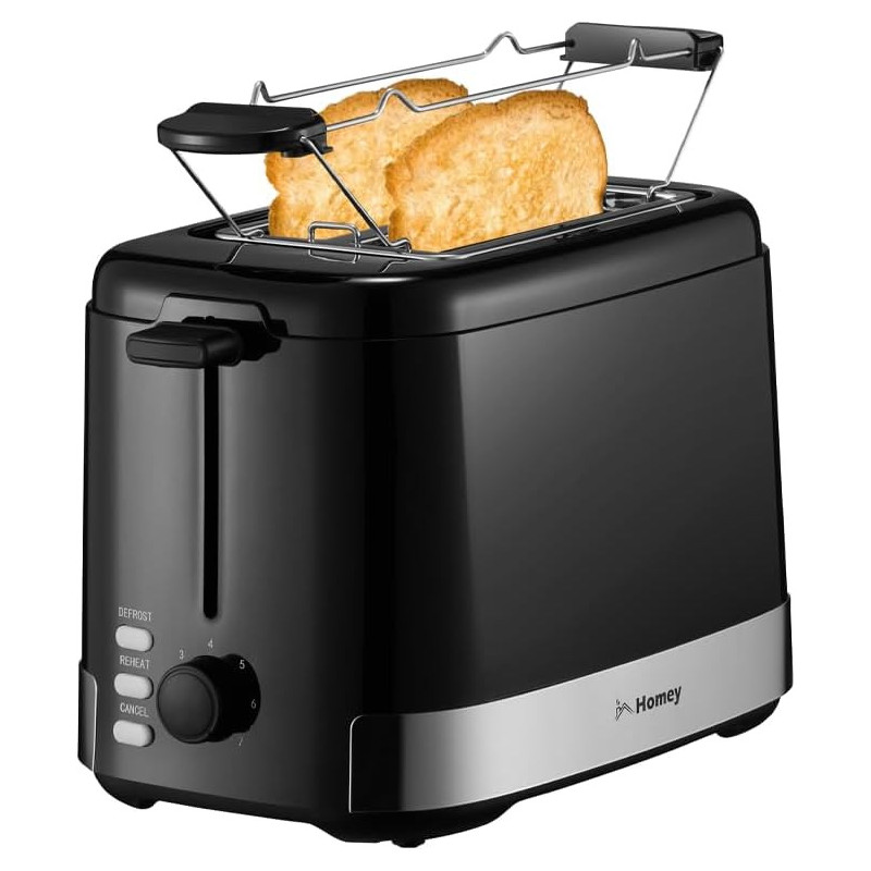Homey Toaster - Perfectly Toasted Bread With Adjustable Browning Control And Self-Centering Function (Black), 1 Year Warranty