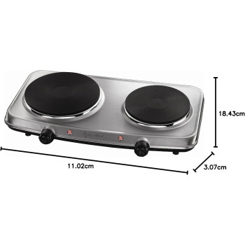 Russell Hobbs Stainless Steel 2 Plate Electric Mini Hob, 1500W Large And 750 W Small Hot Plate, Variable, Independent, Rotary Heat Controls, Neon Power Indicators, Non-Slip Feet, Silver, 15199GCC, 1 Year Warranty