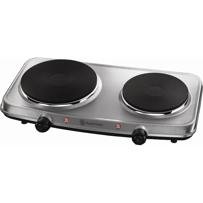 Russell Hobbs Stainless Steel 2 Plate Electric Mini Hob, 1500W Large And 750 W Small Hot Plate, Variable, Independent, Rotary Heat Controls, Neon Power Indicators, Non-Slip Feet, Silver, 15199GCC, 1 Year Warranty