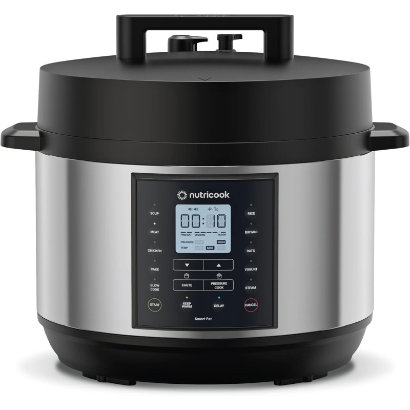 Nutricook Smart Pot 2 Plus 1500 Watts - 9 Appliances In 1, Pressure Cooker, Slow Cooker, Rice Cooker, Steamer, Saute Pot, Yogurt Maker, Soup Maker, Cake Maker, Food Warmer, 9.5L, Brushed SS Black, 1 Year Warranty