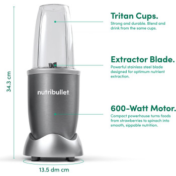 Nutribullet 600 Watts, 9 Pc Accessories,, Multi-Function High Speed Blender, Mixer System With Nutrient Extractor, Smoothie Maker, Grey, NBR-1212M, 1-Year Limited Warranty