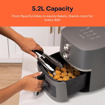 Nutricook Air Fryer Essentials Classic Vision By Caliber Brands, With Clear Window And Internal Light, Procyclone Technology, 5.2L Capacity, 2 Control Knobs, AFE152M-G, Grey, 1500 Watts, 2 Year Warranty