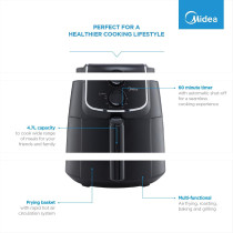 Midea 4.7L XL Air Fryer 1500W With Dual Cyclone Rapid Hot Technology For Frying, Grilling, Broiling, Roasting, Baking, Toasting, Timer Up To 60 Minutes And Temperature Control Up To 200 Degreec - MFTN40D2, 1 Year Warranty