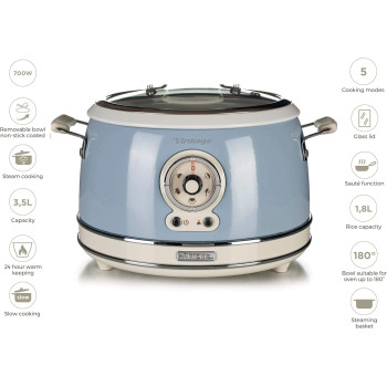 Ariete Vintage Electric Rice Cooker 3.8 Litre, 5 Modes For Rice, Saute, Steam, Heating, Slow Cooker, 700W, Removable Non Stick Ceramic Bowl, Glass Lid, For Sushi, Stew, Omelet - Blue ART2904/05, 1 Year Warranty