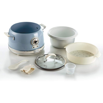 Ariete Vintage Electric Rice Cooker 3.8 Litre, 5 Modes For Rice, Saute, Steam, Heating, Slow Cooker, 700W, Removable Non Stick Ceramic Bowl, Glass Lid, For Sushi, Stew, Omelet - Blue ART2904/05, 1 Year Warranty
