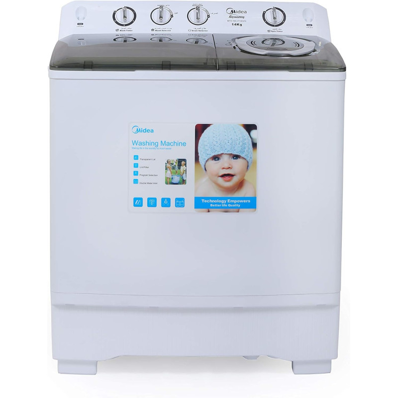 Midea MTE160P1402S 14 Kg Twin Tub Semi Automatic Washing Machine 5 Star Rating, White, 1 Year Warranty