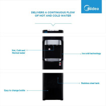 Midea Water Dispenser, Bottom Loading, Hot Cold And Ambient Temperature, Ice Cold Technology, Empty Bottle Indicator, Floor Standing, Child Safety Lock, Best For Home, Office And Pantry, Black, Yl1633S, 1 Year Warranty