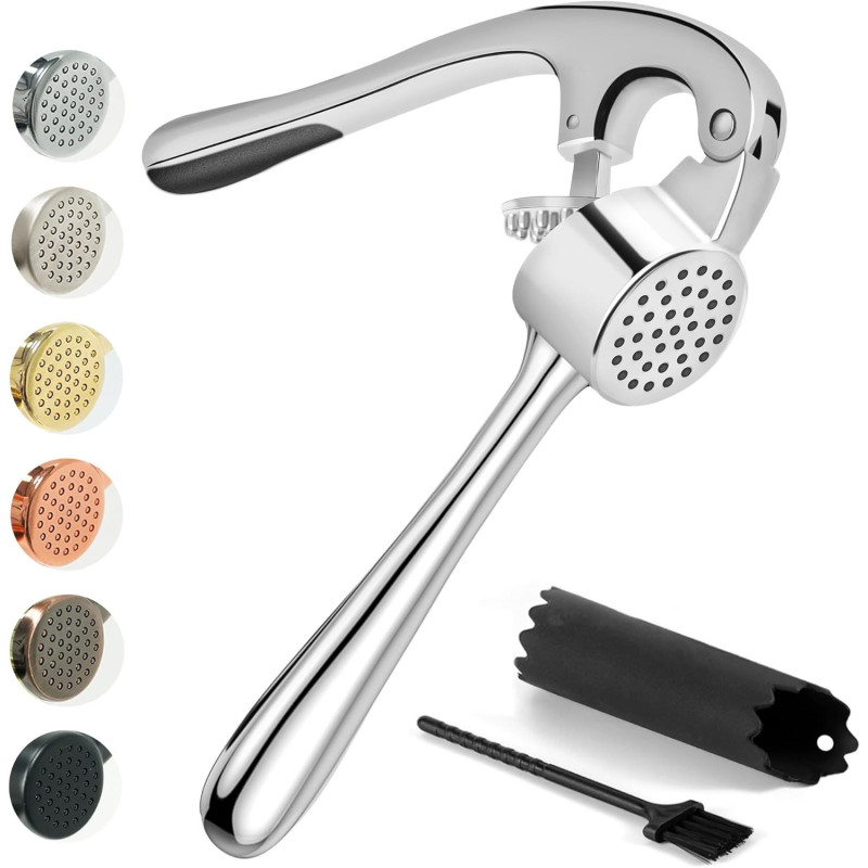 Kitessensu Premium Garlic Press, Garlic Mincer Set With Silicone Roller Peeler & Cleaning Brush, Easy To Squeeze And Clean, Rust Proof & Dishwasher Safe, Professional Efficient Ginger Crusher, 1 Year Warranty