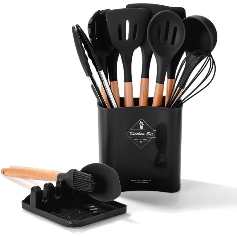Arabest Silicone Cooking Utensil Set,Silicone Kitchen Utensil Set-13Pcs,Wooden Handles Utensils Tool For Nonstick Cookware,Non Toxic Heat Resistant Kitchen Tools Set With Storage Bucket And Lid Rest, 1 Year Warranty