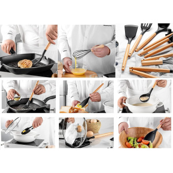Arabest Silicone Cooking Utensil Set,Silicone Kitchen Utensil Set-13Pcs,Wooden Handles Utensils Tool For Nonstick Cookware,Non Toxic Heat Resistant Kitchen Tools Set With Storage Bucket And Lid Rest, 1 Year Warranty