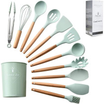 ComCreate Silicone Cooking Kitchen 11Pcs Wooden Utensils Tool For Nonstick Cookware, Cooking Utensils Set With Bamboo Wood Handles For Nonstick Cookware, Non Toxic Turner Tongs Spatula Spoon Set, 1 Year Warranty
