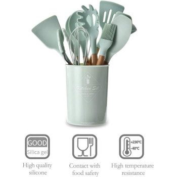 ComCreate Silicone Cooking Kitchen 11Pcs Wooden Utensils Tool For Nonstick Cookware, Cooking Utensils Set With Bamboo Wood Handles For Nonstick Cookware, Non Toxic Turner Tongs Spatula Spoon Set, 1 Year Warranty