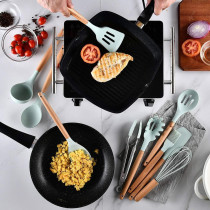 ComCreate Silicone Cooking Kitchen 11Pcs Wooden Utensils Tool For Nonstick Cookware, Cooking Utensils Set With Bamboo Wood Handles For Nonstick Cookware, Non Toxic Turner Tongs Spatula Spoon Set, 1 Year Warranty