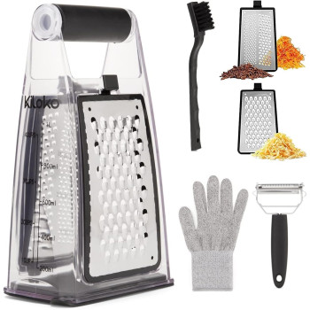 Kiloko Cheese Grater With Container Plus Free Safety Glove And Vegetable Peeler - Box Grater Cheese Shredder - Cheese Grater With Handle - Graters For Kitchen Stainless Steel Food Grater (Black), 1 Year Warranty