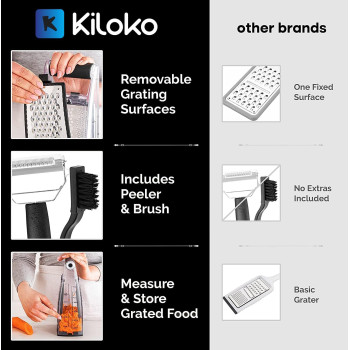 Kiloko Cheese Grater With Container Plus Free Safety Glove And Vegetable Peeler - Box Grater Cheese Shredder - Cheese Grater With Handle - Graters For Kitchen Stainless Steel Food Grater (Black), 1 Year Warranty