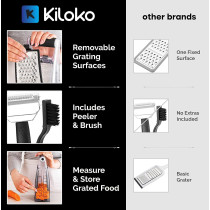 Kiloko Cheese Grater With Container Plus Free Safety Glove And Vegetable Peeler - Box Grater Cheese Shredder - Cheese Grater With Handle - Graters For Kitchen Stainless Steel Food Grater (Black), 1 Year Warranty
