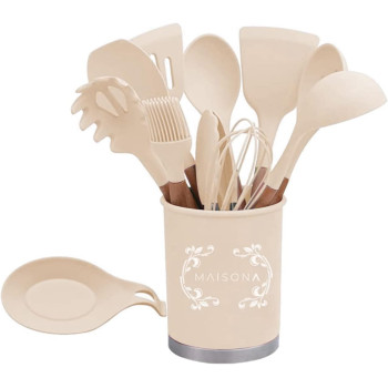 Maisona 13 Pcs Wooden Handle Kitchen Utensil With PBA Non Toxic And Non-Stick Cookware, Tuner Tongs Spatula Spoon With Utensil Holder (Peach), 1 Year Warranty
