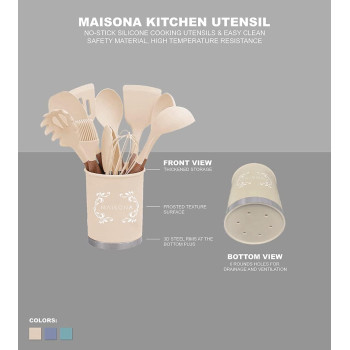 Maisona 13 Pcs Wooden Handle Kitchen Utensil With PBA Non Toxic And Non-Stick Cookware, Tuner Tongs Spatula Spoon With Utensil Holder (Peach), 1 Year Warranty