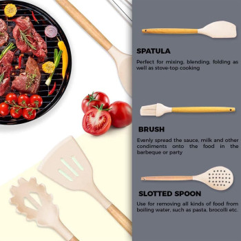 Maisona 13 Pcs Wooden Handle Kitchen Utensil With PBA Non Toxic And Non-Stick Cookware, Tuner Tongs Spatula Spoon With Utensil Holder (Peach), 1 Year Warranty