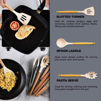 Maisona 13 Pcs Wooden Handle Kitchen Utensil With PBA Non Toxic And Non-Stick Cookware, Tuner Tongs Spatula Spoon With Utensil Holder (Peach), 1 Year Warranty