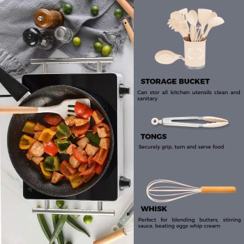 Maisona 13 Pcs Wooden Handle Kitchen Utensil With PBA Non Toxic And Non-Stick Cookware, Tuner Tongs Spatula Spoon With Utensil Holder (Peach), 1 Year Warranty