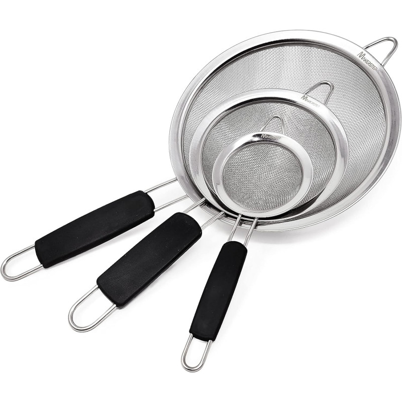 Makerstep Fine Mesh Strainer Set Of 3, Stainless Steel 3.38, 5.5, 7.87 Inch Strainers Wire Sieve Sifter With Insulated Handle Strainers For Kitchen Gadgets Tools Premium Colanders, Sifter, 1 Year Warranty