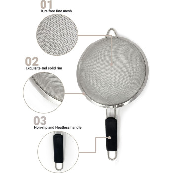 Makerstep Fine Mesh Strainer Set Of 3, Stainless Steel 3.38, 5.5, 7.87 Inch Strainers Wire Sieve Sifter With Insulated Handle Strainers For Kitchen Gadgets Tools Premium Colanders, Sifter, 1 Year Warranty