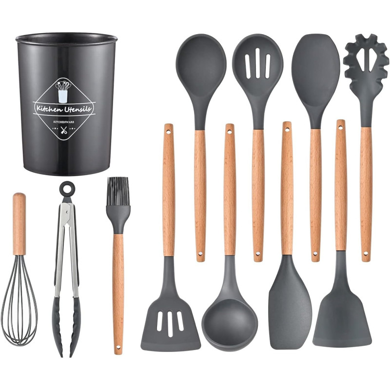 ICVKRJ 12 Pcs Silicone Cooking Utensils Kitchen Utensil Set - 446 Degree F Heat Resistant, Turner Tongs, Spatula, Spoon, Brush, Whisk, Wooden Handle Gray Kitchen Gadgets With Holder For Nonstick Cookware, 1 Year Warranty