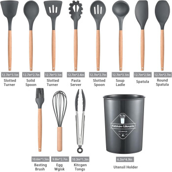 ICVKRJ 12 Pcs Silicone Cooking Utensils Kitchen Utensil Set - 446 Degree F Heat Resistant, Turner Tongs, Spatula, Spoon, Brush, Whisk, Wooden Handle Gray Kitchen Gadgets With Holder For Nonstick Cookware, 1 Year Warranty