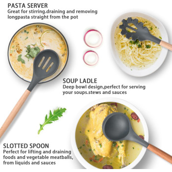 ICVKRJ 12 Pcs Silicone Cooking Utensils Kitchen Utensil Set - 446 Degree F Heat Resistant, Turner Tongs, Spatula, Spoon, Brush, Whisk, Wooden Handle Gray Kitchen Gadgets With Holder For Nonstick Cookware, 1 Year Warranty