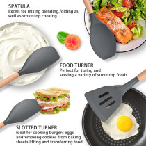 ICVKRJ 12 Pcs Silicone Cooking Utensils Kitchen Utensil Set - 446 Degree F Heat Resistant, Turner Tongs, Spatula, Spoon, Brush, Whisk, Wooden Handle Gray Kitchen Gadgets With Holder For Nonstick Cookware, 1 Year Warranty