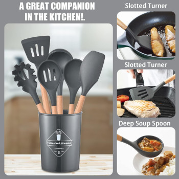 ICVKRJ 12 Pcs Silicone Cooking Utensils Kitchen Utensil Set - 446 Degree F Heat Resistant, Turner Tongs, Spatula, Spoon, Brush, Whisk, Wooden Handle Gray Kitchen Gadgets With Holder For Nonstick Cookware, 1 Year Warranty
